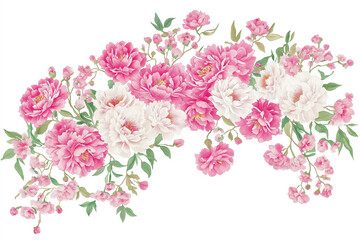 A vibrant floral arrangement featuring pink and white flowers intertwined with lush green leaves, showcasing beauty and elegance.