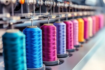 Spools of new threads closeup, sewing machine