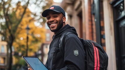 Obraz premium A smiling individual holds a tablet outdoors, surrounded by autumn foliage.