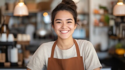 A young barista smiles warmly while serving customers in a cozy café setting during the morning hours.