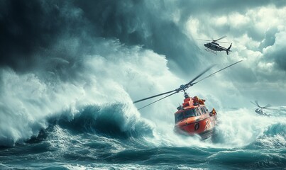 Obraz premium Rescue helicopter in stormy sea with waves.