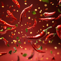 Many red peppers and parsleys are flying around On a red gradient background