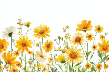 A vibrant display of yellow and white wildflowers, featuring a mix of blooms amidst lush green foliage, set against a clean white background.