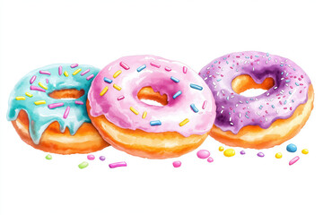 Three colorful donuts with icing and sprinkles are displayed, showcasing vibrant pastel colors and a fun dessert appeal.