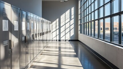 Obraz premium A hallway with lockers and large windows casting shadows.
