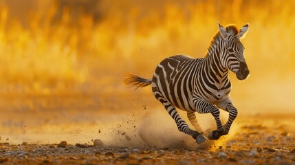 Zebra running through a field of fire.