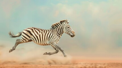 Fototapeta premium Zebra running through dusty field.
