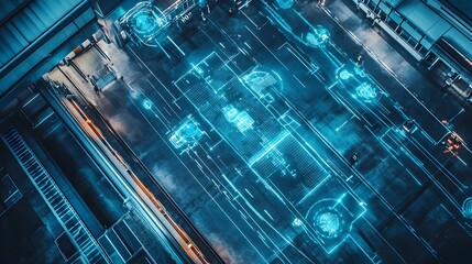Aerial View of Biometric Security Scan at Airport Terminal Using Advanced Identification and Data Processing