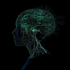 Obraz premium Brain Computer Interface Enabling Smart Home Thought Control in Digital Silhouette