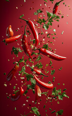 Many red peppers and parsleys are flying around On a red gradient background