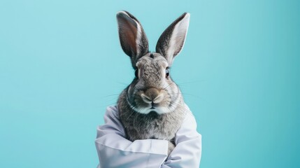 A grey rabbit wearing a white lab coat.