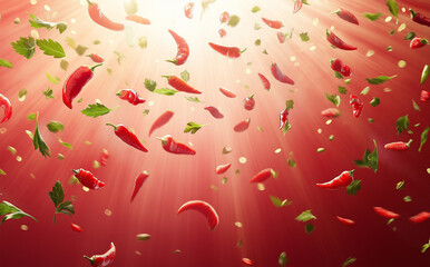 Many red peppers and parsleys are flying around On a red gradient background