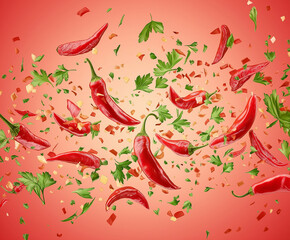 Many red peppers and parsleys are flying around On a red gradient background
