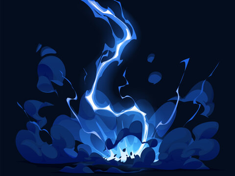 Cartoon blue electric lightning thunder bolt, thunderstorm effect. Vector vibrant energy attack, magic power or shock hitting the ground with powerful intensity. Electrical strike, electricity impact
