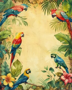 Colorful parrots and tropical leaves border a vintage background.