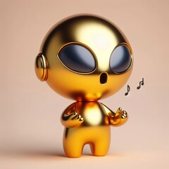 a cute and cool gold shinny metallic futuristic Alien character singing