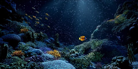 Obraz premium A single yellow and black fish swims through a coral reef with a beam of light shining from above.