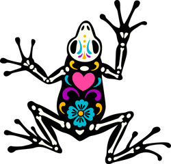 Mexican day of the dead frog animal tattoo skeleton with bones and heart. Isolated vector Dia de los Muertos figure of toad amphibian, sugar skull with floral pattern, symbol of nature and wild life