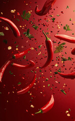 Many red peppers and parsleys are flying around On a red gradient background