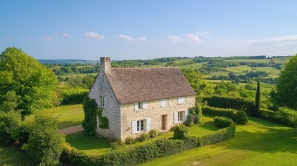 Fototapeta premium Charming stone cottage surrounded by lush greenery and blue skies, perfect for serene countryside views.