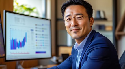 Obraz premium Asian Business Leader in Office Setting with Digital Charts on Screen Conveying Confidence Strategy and Modern Work Culture