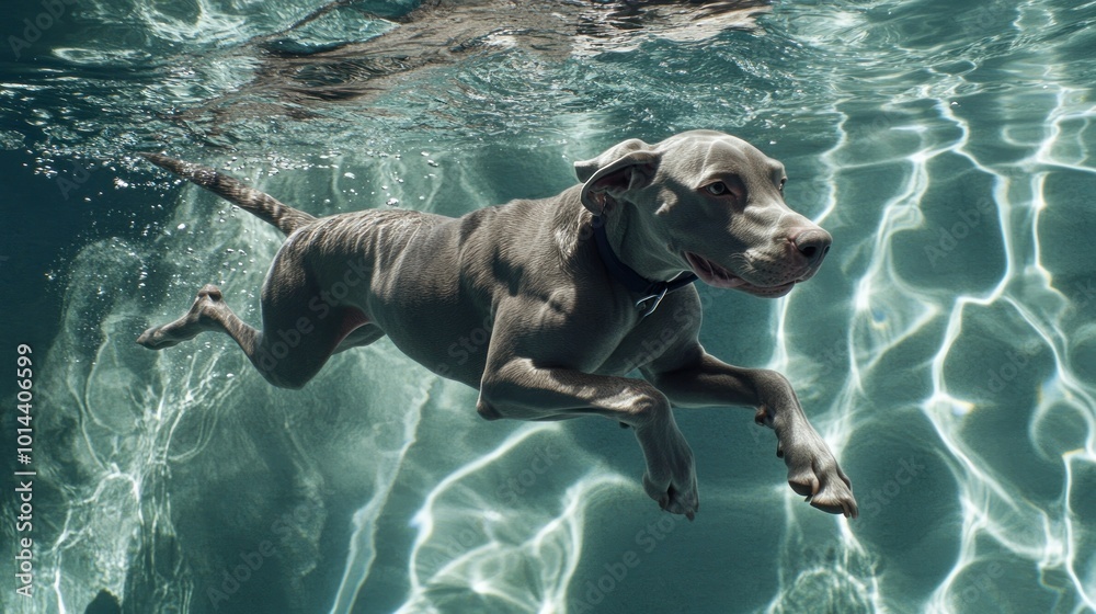 Poster A dog swimming underwater, showcasing playful movement and vibrant water reflections.