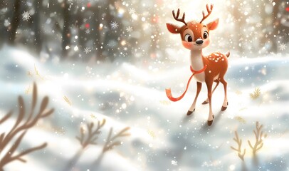 Cute Reindeer in Winter Wonderland with Falling Snow