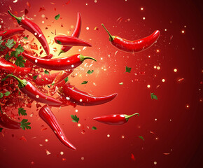 Many red peppers and parsleys are flying around On a red gradient background