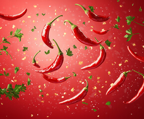 Many red peppers and parsleys are flying around On a red gradient background