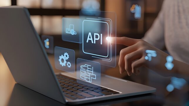 API: a businessman using a laptop with a hologram of API, virtual interface that hologram of API,API integration, API development, JSON, API documentation, Application prgramming interface