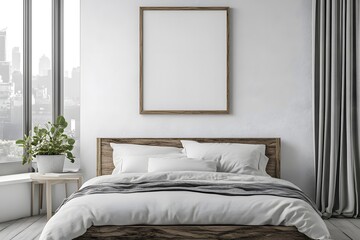 Modern Bedroom Interior Design with Wooden Bed and Blank Canvas Mockup