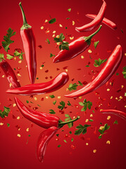 Many red peppers and parsleys are flying around On a red gradient background