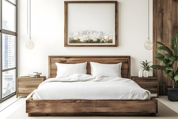 Modern Minimalist Bedroom Interior Design with Wooden Bed and City View