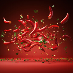 Many red peppers and parsleys are flying around On a red gradient background