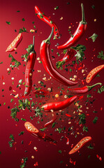 Many red peppers and parsleys are flying around On a red gradient background