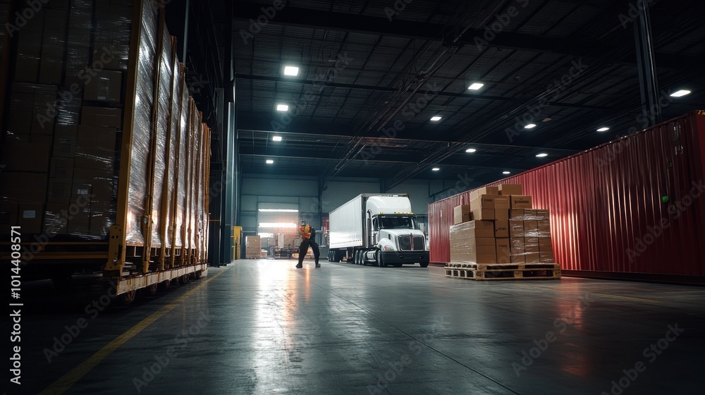 Poster A spacious warehouse with pallets, boxes, and a truck for loading and unloading goods.