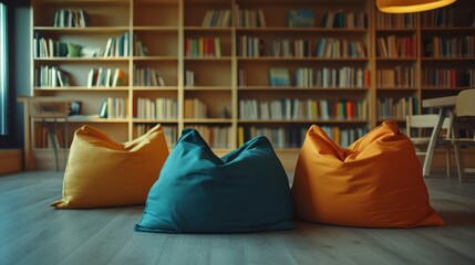 Cozy bean bags in a modern library setting, inviting relaxation and reading.