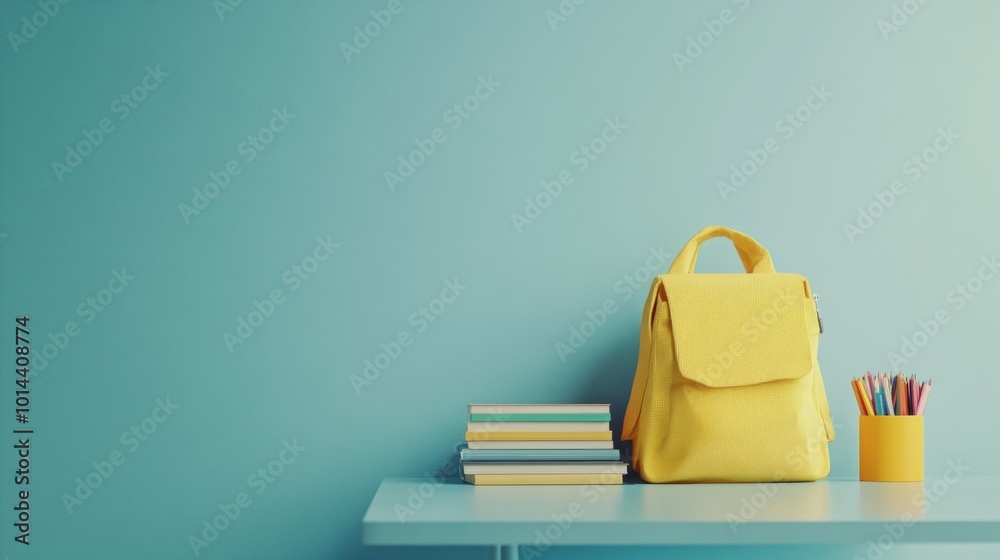 Poster A bright yellow backpack rests on a table next to stacked books and colorful pencils.