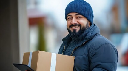 A smiling man in winter attire holding packages and a tablet outdoors.