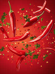 Many red peppers and parsleys are flying around On a red gradient background