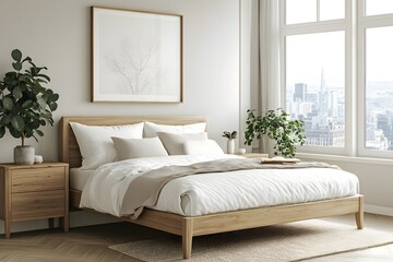 Modern Minimalist Bedroom Interior Design with Wooden Bed  White Linen  and City View