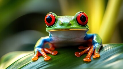 A vibrant red-eyed tree frog perched on a green leaf in a natural setting.