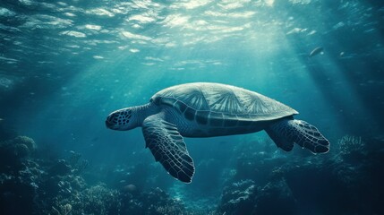 Fototapeta premium A serene underwater scene featuring a turtle swimming gracefully through the ocean.
