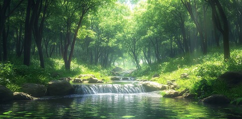 A small waterfall cascades over smooth rocks in a lush green forest, sunlight filtering through the canopy, creating a magical atmosphere.