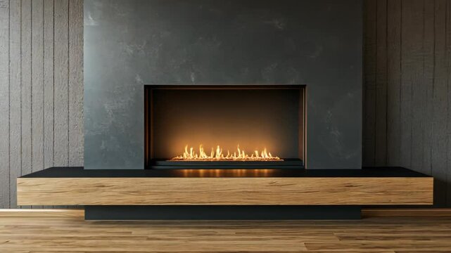 A modern fireplace with a wood mantle and a black tile surround is lit and glowing