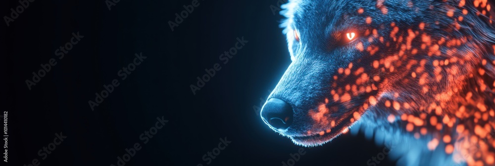 Poster A glowing wolf's head with vibrant particles, showcasing a fusion of nature and technology.