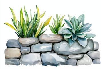 Fototapeta premium A watercolor illustration of a stone wall adorned with vibrant succulent plants and green foliage, creating a serene, natural aesthetic.