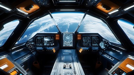 Obraz premium Spaceship futuristic interior with view on planet Earth. 