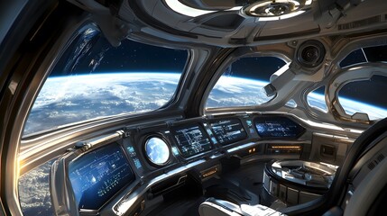 Obraz premium Spaceship futuristic interior with view on planet Earth. 