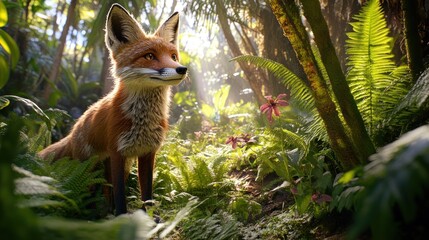 Naklejka premium A realistic fox stands amidst lush greenery and flowers in a vibrant forest setting.
